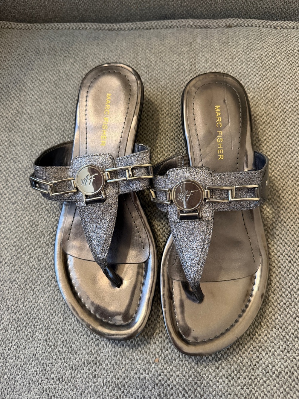 Marc Fisher Silver Glitter Thong Sandals with Logo Accent